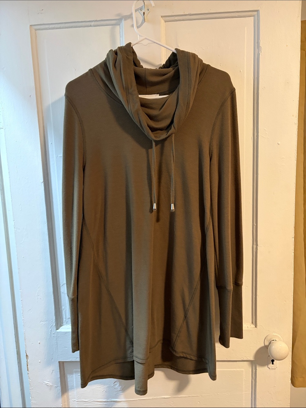Cowl Neck Long Sleeve Women's Sweater Dress- Olive Green Size Medium